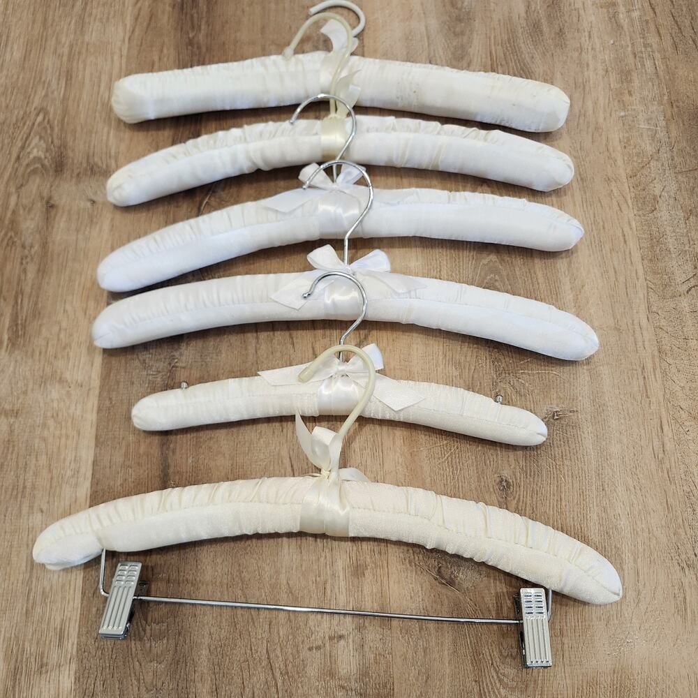 Lot of 6 Vintage Ivory White Satin Padded Hangers 15" Lingerie Delicates Boudoir